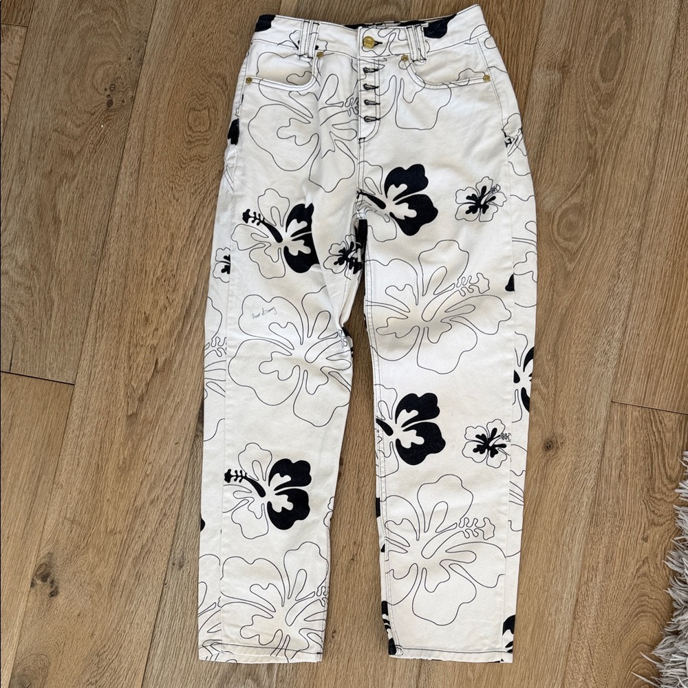 House of Sunny White Jeans with Black Floral Print